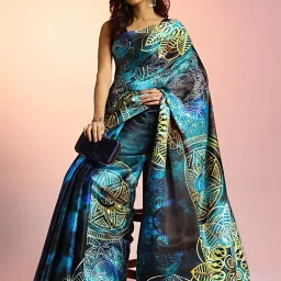 navyasa by liva Blue Printed Saree With Unstitched Blouse image 4