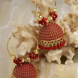 Moedbuille Handcrafted Meenakari Work Tasselled Design Oxidized Gold-Plated Antique Jhumki Earrings-image-5