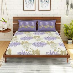 Spaces Purple 144 TC Cotton Queen Fitted Bed Sheet with 2 Pillow Covers-picture-28