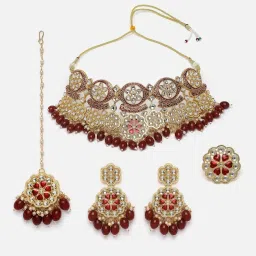 Panash Gold Plated Kundan Stone Studded & Pearl Beaded Jewellery Set image 4