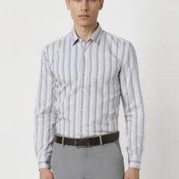 Peter England Grey Cotton Slim Fit Striped Shirt-picture-16