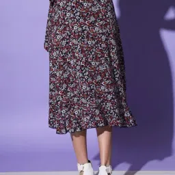 Trend Arrest Black & Brown Floral Print A-Line Wrap Skirt image 2
