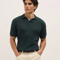 The Bear House Green Cotton Relaxed Fit Self Design Polo T-Shirt-image-33
