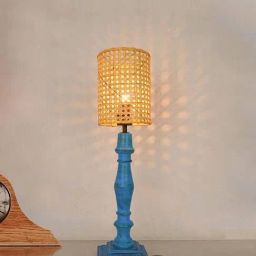FOS LIGHTING French Country Distressed Beige & Blue Wood Table Lamp With Drum Shade-picture-21
