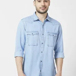 Spykar Light Blue Cotton Regular Slim Fit Denim Shirt-picture-29