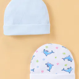 Ben Benny Cotton Knit Dolphin Print Baby Caps Pack of 2 Blue - Diameter 8 cm-image-22