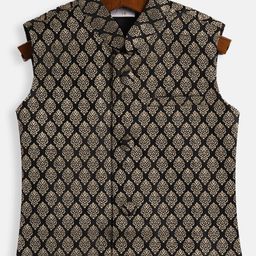 VASTRAMAY SISHU  Silk Sleeveless Damask Motif Printed Nehru Jacket - Black-picture-2