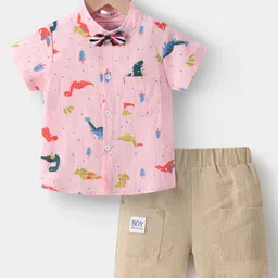 Kookie Kids Half Sleeves Party Wear Shirt with Bow and Shorts Set Dino Print - Pink image 1