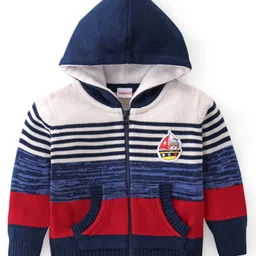 Babyhug Knitted Full Sleeves Hooded Sweater Stripes & Boat Patch - Red Blue & White-picture-12