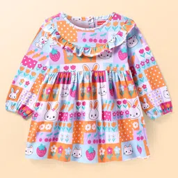 Babyhug Cotton Knit Full Sleeves Frock with Frill Detailaing & AnimalFloral Print - Orange Pink-picture-20