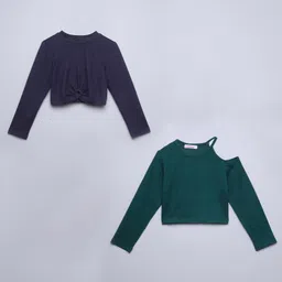 Taffykids Pack Of 2 Full Sleeves Solid Crop Tops - Green & Blue-picture-27