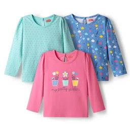 Babyhug 100% Cotton Knit Full Sleeves T-Shirts with Floral & Polka Dots Print Pack of 3 - Pink Blue & Sea Green-picture-21
