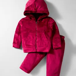 Kanvin Knit Full Sleeves Solid Color Hooded Co-ords Winter Wear Suit with Kangaroo Pocket - Wine-picture-17