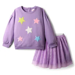 Babyhug Terry Knit Full Sleeves Tops and Skirt Set with Star Print - Purple-picture-25