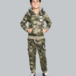 Plum Tree 100% Cotton Knit Full Sleeves Camouflage Printed Light Winter Hooded Sweatjacket & Coordinating Cargo Joggers Set - Olive Green-picture-27