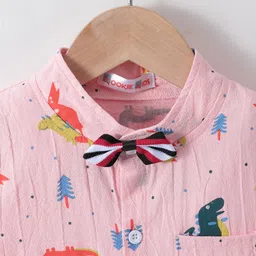 Kookie Kids Half Sleeves Party Wear Shirt with Bow and Shorts Set Dino Print - Pink image 3
