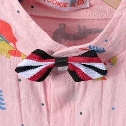 Kookie Kids Half Sleeves Party Wear Shirt with Bow and Shorts Set Dino Print - Pink image 4