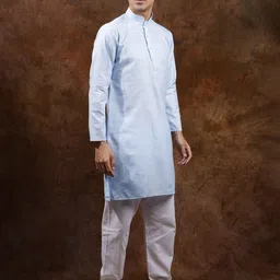 Exotic India Men Blue Elixir Pure Cotton Plain Casual Kurta with White Pajama image 4