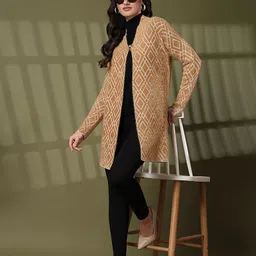 Thirty Threads Geometric Printed Open Front Long Sleeves Longline Woollen Shrug image 4