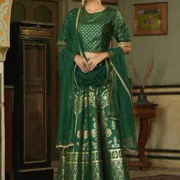 Juniper Green & Gold Ethnic Motif Printed Shantoon Slub Lehenga Choli & Net Dupatta Set-picture-14