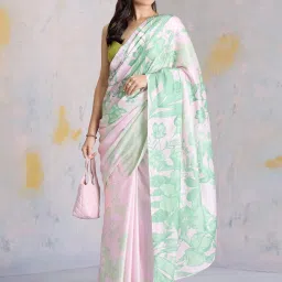 navyasa by liva Pink & Green Printed Saree With Unstitched Blouse image 4