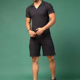 Rigo Black Slim Fit Textured T-Shirt & Shorts Set-image-37