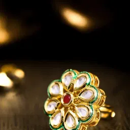 Priyaasi Gold-Plated Kundan & Ruby Studded Floral Pattern Finger Ring-picture-16