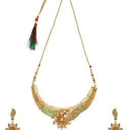 Anikas Creation Gold Plated Sea Green & White Kundan Studded Enamelled Traditional Jewellery Set image 2