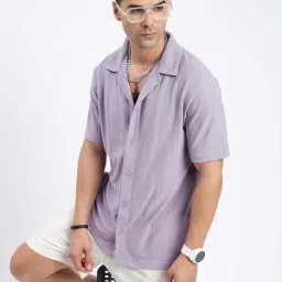 SHOWOFF Purple Cotton Relaxed Fit Solid Shirt-image-1