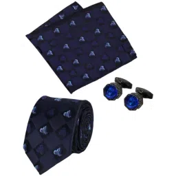 Park Avenue Navy Blue Embroidered Tie with Cufflink and Pocket Square-image-7