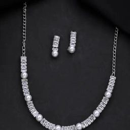 VOJ Silver Plated Pearl And Stone Studded Necklace & Earring Set-picture-26