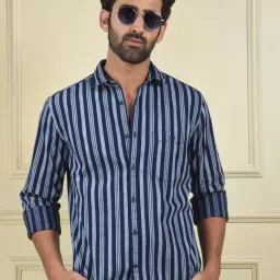 Crimsoune Club Navy Blue Cotton Slim Fit Striped Shirt-picture-34