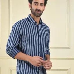 Crimsoune Club Navy Blue Cotton Slim Fit Striped Shirt image 4