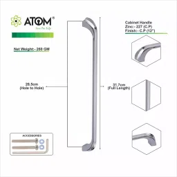 Atom Zinc Silver Glossy Finish Cabinet/Drawer Handle, CH-ZN-227-CP-12-102 (Pack of 2) image 4