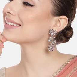 Estele Rhodium-Plated CZ-Studded Floral Drop Earrings image 2