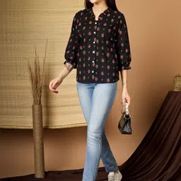 Kinjo Floral Print Mandarin Collar Accordion Pleated Sleeves Ruffles Cotton Top image 3