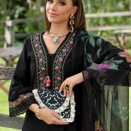 Indo Era Floral Embroidered V-Neck Pure Cotton A-Line Kurta With Trousers & Dupatta-picture-16