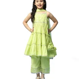 BIBA Girls Kids Lime Green Cotton Embroidered Kurta Set-picture-20