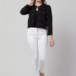 IUGA Women Black & White Embellished Crop Button Shrug image 3