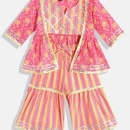 READIPRINT Three Fourth Sleeves All Over Jaipuri Flower Motif Printed & Gota Lace Embellished Mock Jacket Style Peplum Kurta With Striped Patterned Sharara - Pink-picture-19
