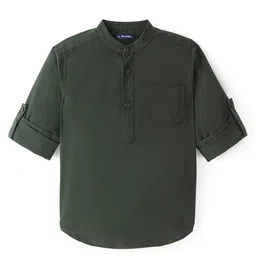 Pine Kids Cotton Woven Full Sleeves Half Placket Solid Shirt with Roll up Sleeves- Olive-picture-11