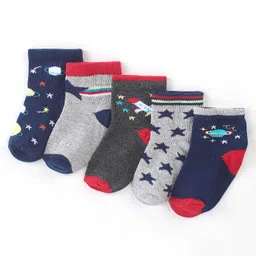 Cute Walk by Babyhug Cotton Blend Ankle Length Anti Bacterial Socks Space Design Pack of 5 - Blue & Grey-picture-20
