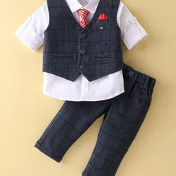 JASH KIDS  Cotton Woven Full Sleeves  Checkered Party Suit  with Tie - Navy Blue-picture-36