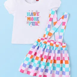 Babyhug Cotton Knit Half Sleeves Text Printed Top & Checkered Skirt With Suspender - Multicolor-picture-27
