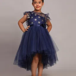Toy Balloon Kids Net Flutter Sleeves Shimmer Star Detailed High Low Dress - Navy Blue-image-4