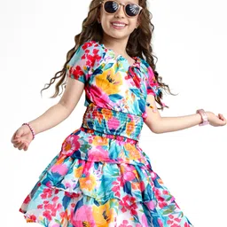 Ollington St. Woven Georgette Half Sleeves Top & Skirt Co-ord Set with Floral Print - Light Blue & Pink-picture-23