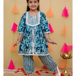 AJ Dezines Cotton Three Fourth Sleeves Floral Printed & Mirror Work Detailed Kurta Salwar Set - Blue-picture-15