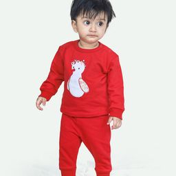 Ariel Pure Cotton Full Sleeves Bird Embroidered Tee & Pajama Set - Red-picture-10