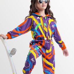 OLLINGTON ST. 100% Cotton Winterwear Set Of Printed Full Sleeves Hooded Jacket & Joggers - Purple & Yellow-picture-6