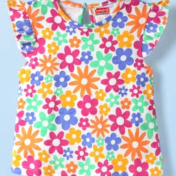 Babyhug 100% Cotton Knit Frill Sleeves Top with Floral Print - White & Blue-picture-15